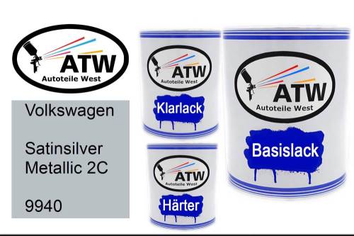 Volkswagen, Satinsilver Metallic 2C, 9940: 1L Lackdose + 1L Klarlack + 500ml Härter - Set, von ATW Autoteile West.